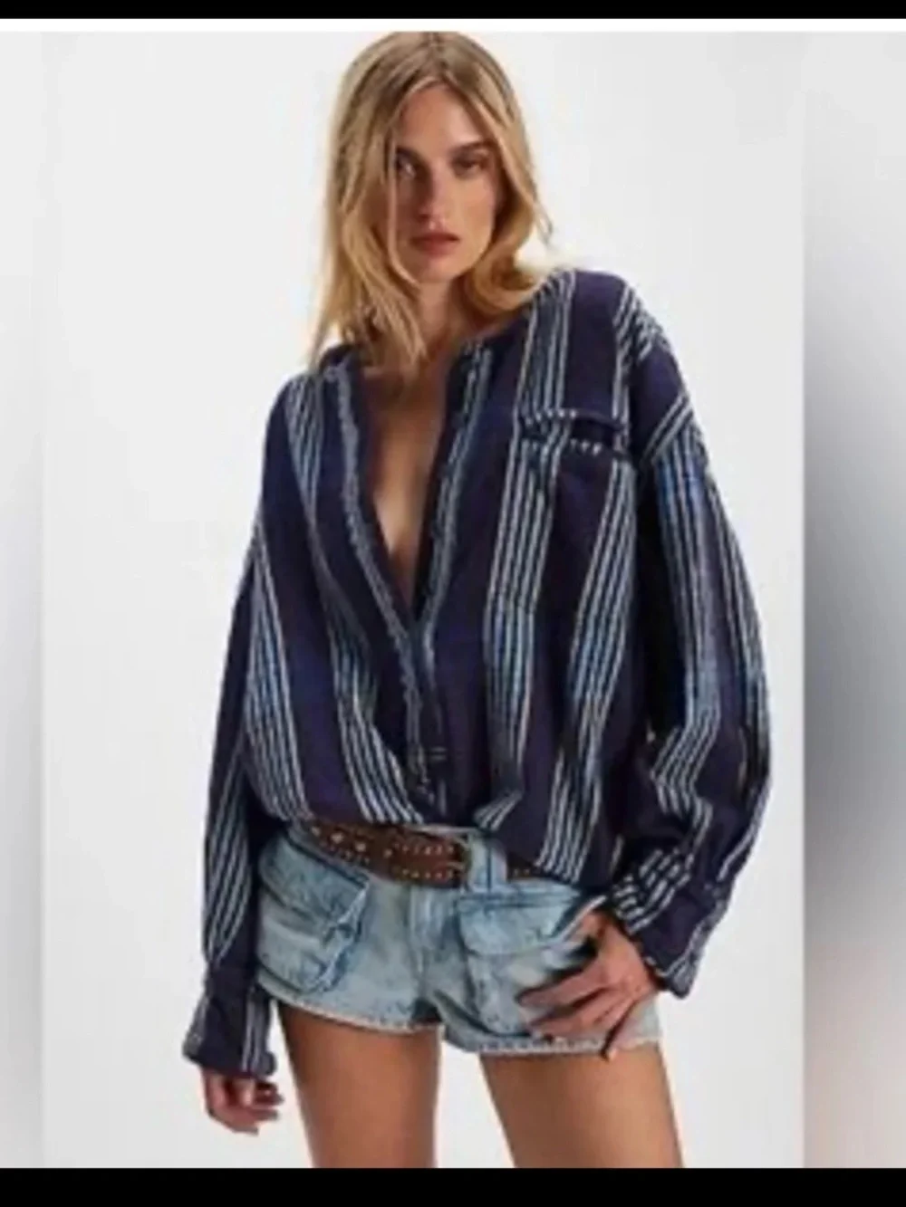 FREE PEOPLE We The Free Denim Dreaming Pullover in Blue Stripe oversized Small